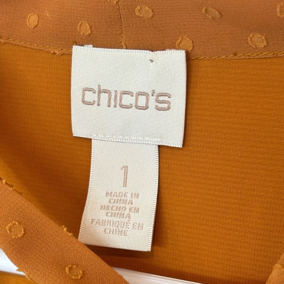 Chicos Mustard Yellow/ Swiss Dot/ Blouse w/ sheer sleeves and neck tie. Size 1 - Picture 5 of 7